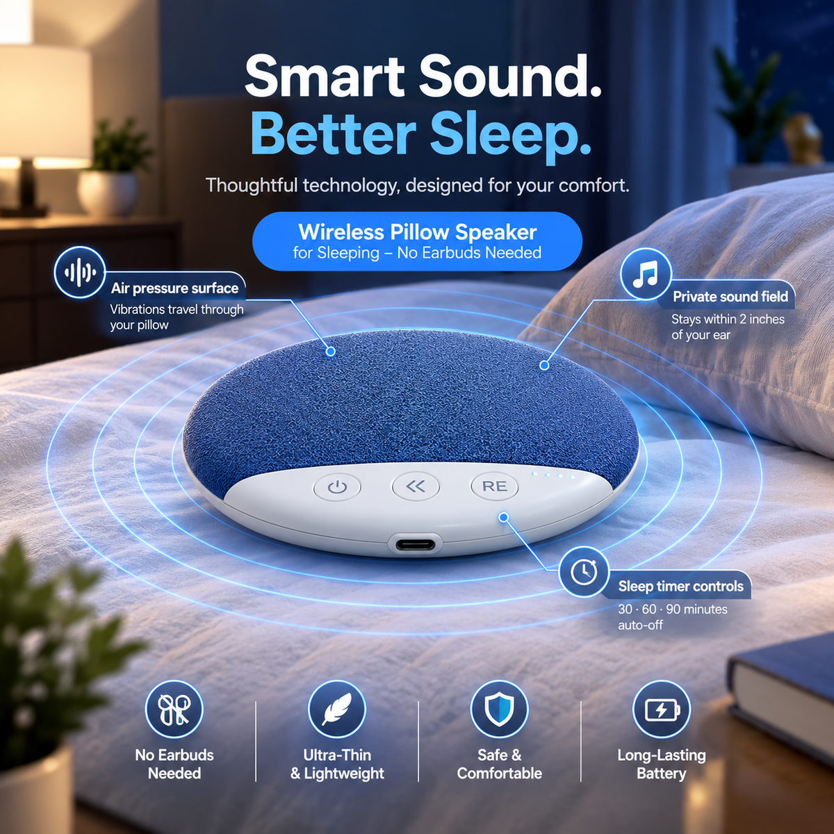Wireless Pillow Speaker for Sleeping – No Earbuds Needed