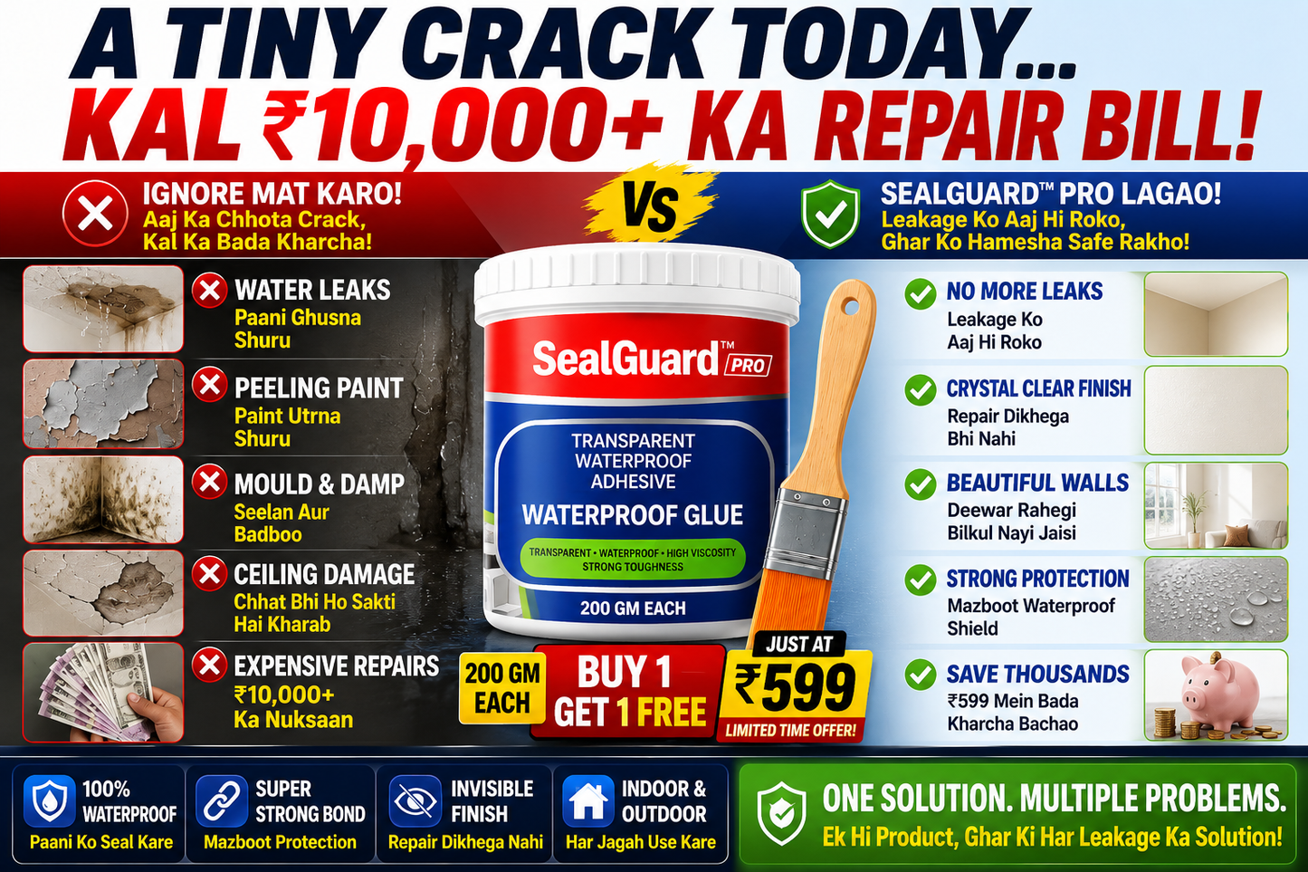 SealGuard™ Pro | Professional Waterproof Repair Coating | Pack of 2 (200g Each) + FREE Application Brush