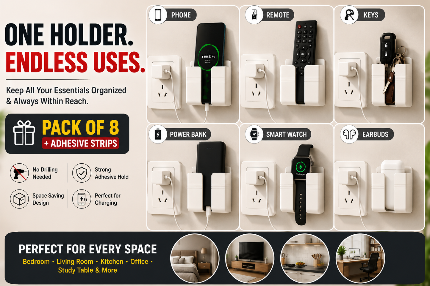 SmartNest™ Wall Organizer – Pack of 8 with Adhesive Strips