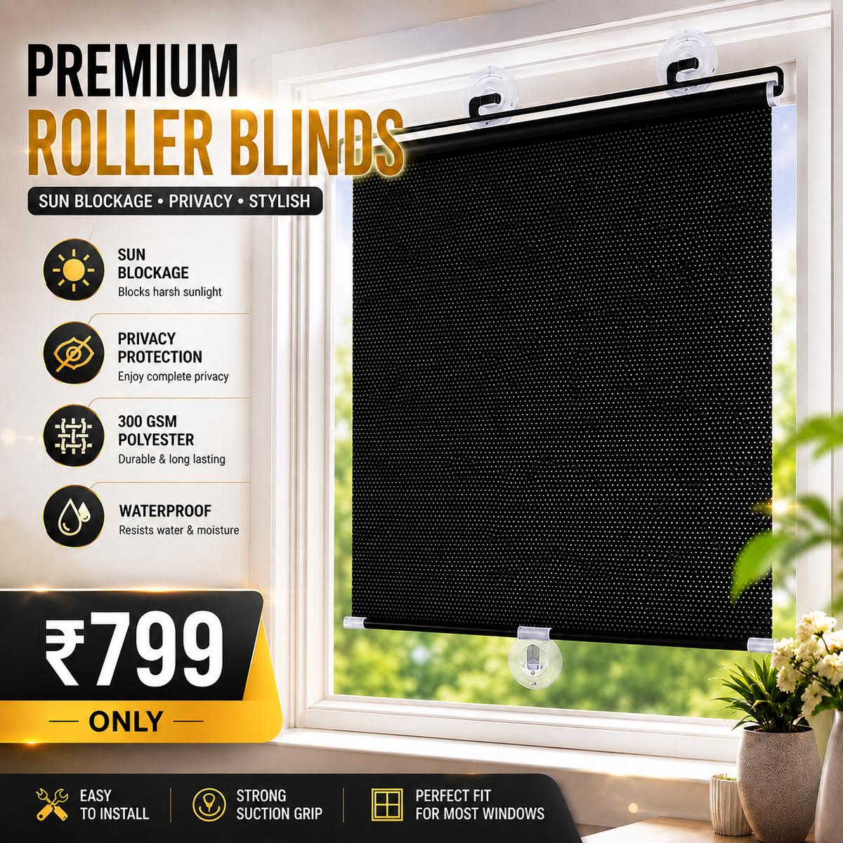 Premium Black Roller Blinds for Windows | Sunlight & Privacy Control