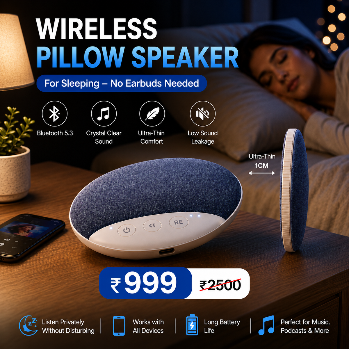 Wireless Pillow Speaker for Sleeping – No Earbuds Needed