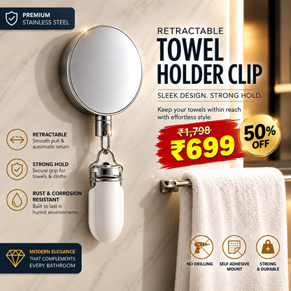 Retractable Towel Holder Clip – Stainless Steel Self-Adhesive Wall Mount for Kitchen & Bathroom
