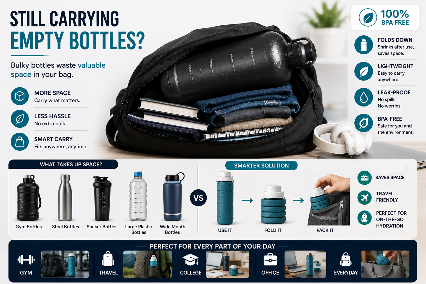The PocketFit Bottle™-Big Hydration. Small Space