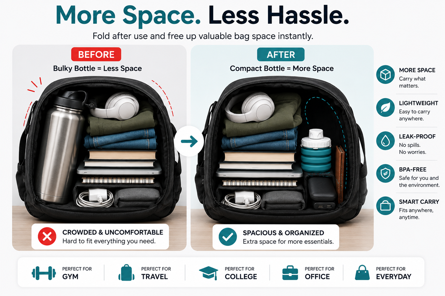 The PocketFit Bottle™-Big Hydration. Small Space